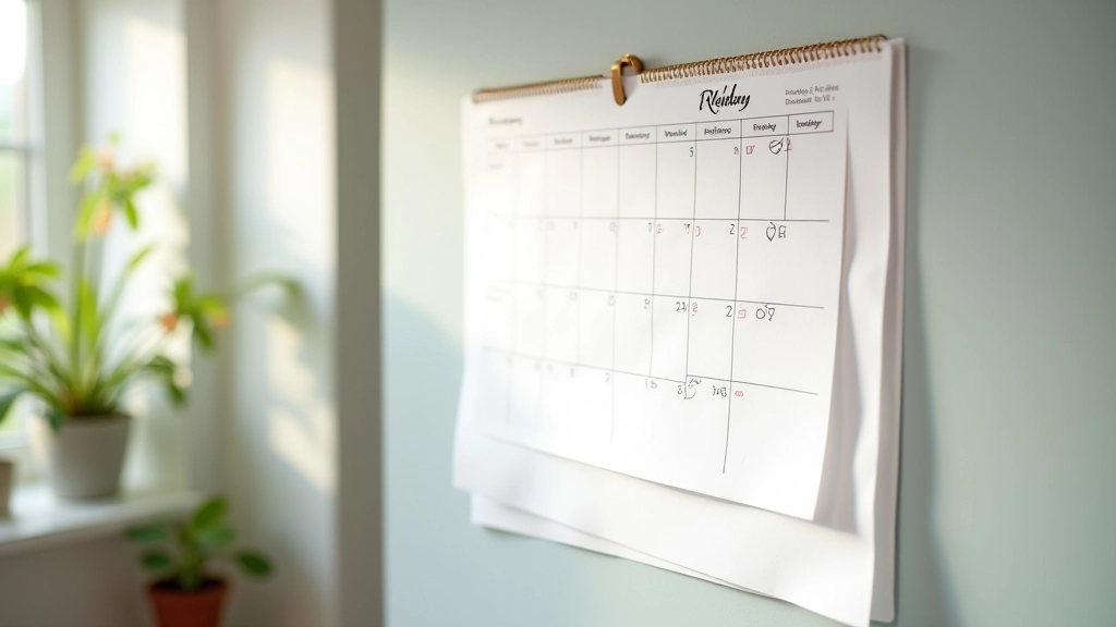Kalendář na zdi s poznámkami, sledování pokroku v čase, vizuální záznam