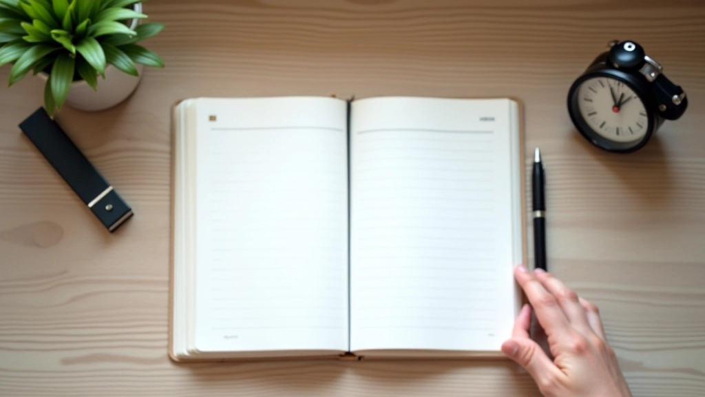 Notebook s rozvrhem dne, tužka a hodiny na psacím stole, přirozené světlo, organizace a plánování