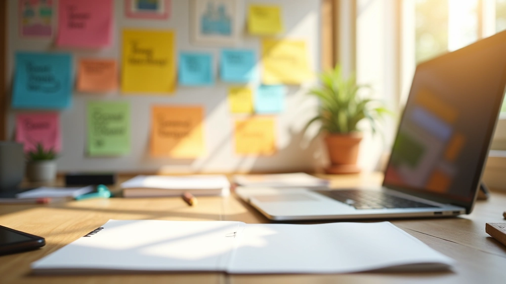 Pracovní stůl s vizí a cíli napsanými na papíru, plánování osobního rozvoje