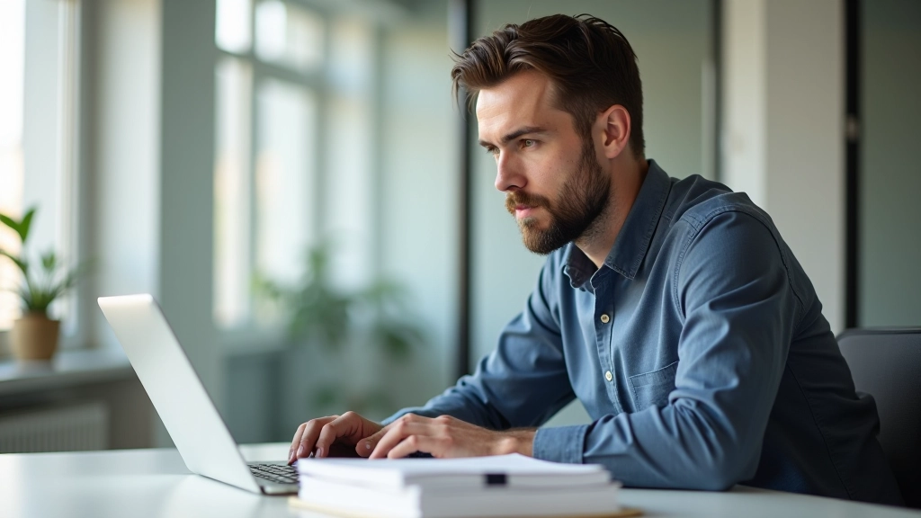 Muž pracuje na notebooku v moderní kanceláři, studuje data a analýzy