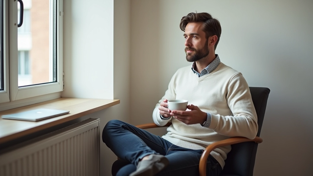Muž sedí u okna s šálkem čaje a medituje, denní světlo z okna, klid a pokoj v místnosti