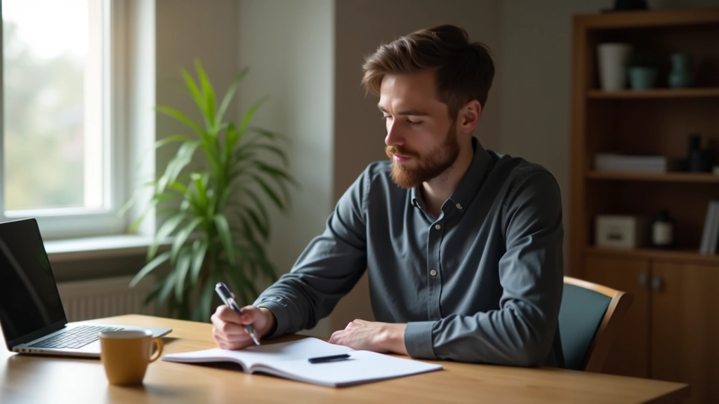 Muž sedí u stolu a reflektuje na své cíle a pokrok