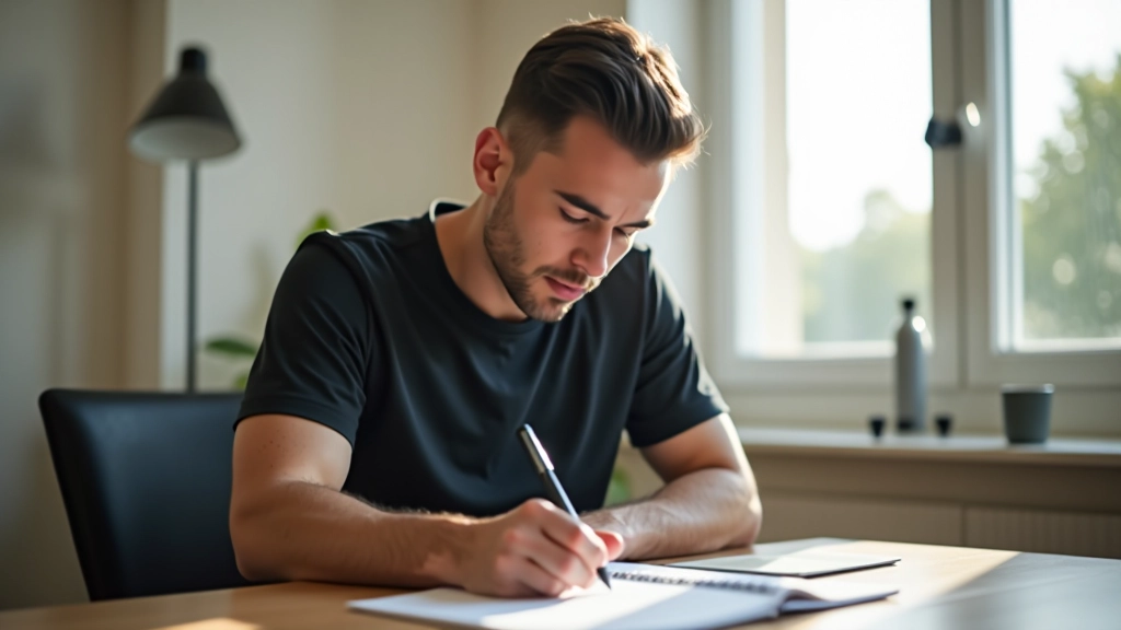 Osoba při tréninku s notebookem, která si zapisuje výsledky a pokrok, přirozené osvětlení v místnosti