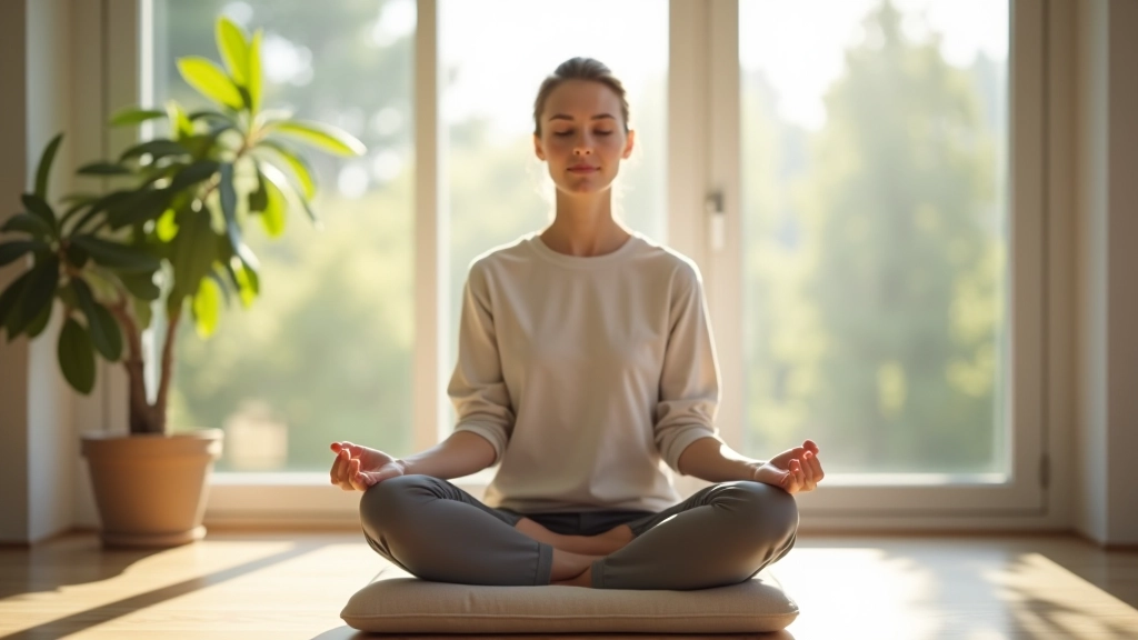 Osoba sedí na meditačním polštáři u okna s výhledem na krajinu, klidná a soustředěná