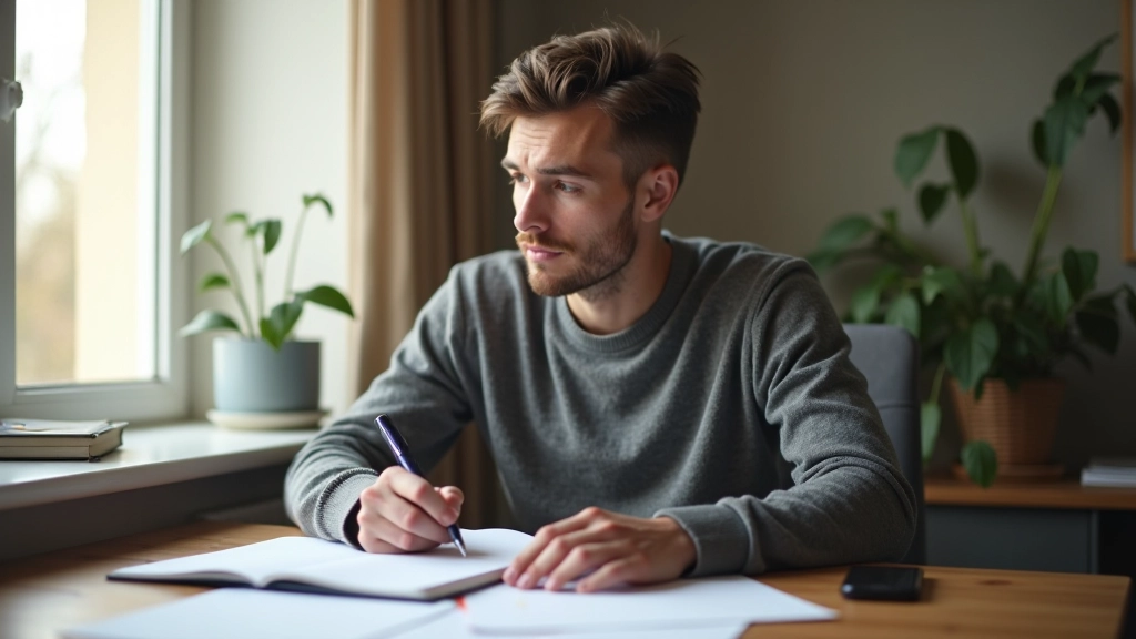 Člověk sedí u psacího stolu a pracuje na osobních cílech, organizované prostředí, soustředěný výraz