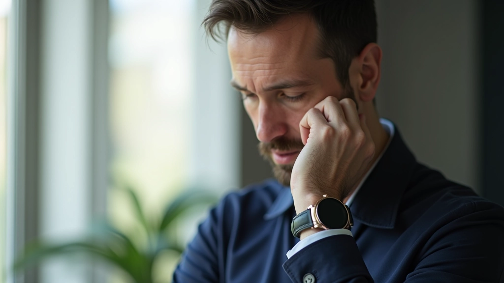 Muž drží hodinky v ruce a dívá se na ně se soustředěním, reflexe v okně