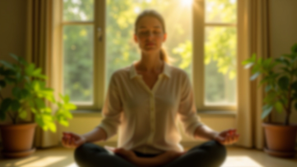 Osoba medituje v klidném prostředí s přírodou, okenní svět v pozadí, klid a soustředění