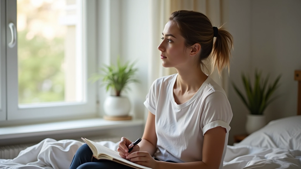 Žena v ložnici sedí s deníkem, okenní svět v pozadí, introspektivní moment